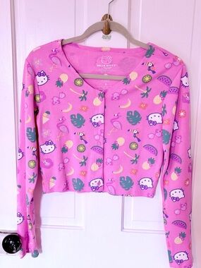 Hello Kitty by Sanrio Pink Tropical Cropped V Neck Ribbed  Long Sleeve Cardigan